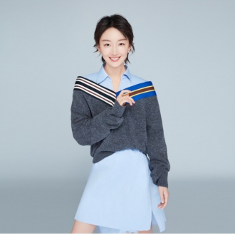 周冬雨同款浅蓝色中长款衬衫+深V拼接灰色针织衫上衣套装女