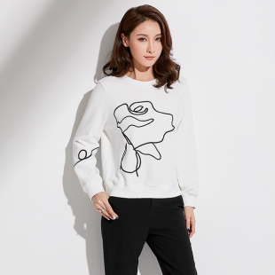 秋季新款韩版女装休闲面上衣女圆领刺绣花朵宽松长袖卫衣女