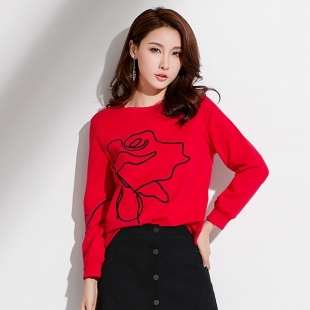 秋季新款韩版女装休闲面上衣女圆领刺绣花朵宽松长袖卫衣女