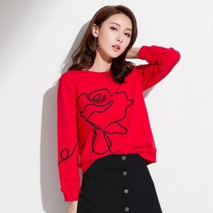 秋季新款韩版女装休闲面上衣女圆领刺绣花朵宽松长袖卫衣女