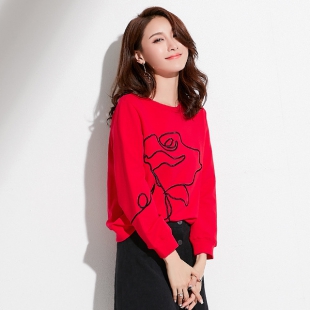 秋季新款韩版女装休闲面上衣女圆领刺绣花朵宽松长袖卫衣女