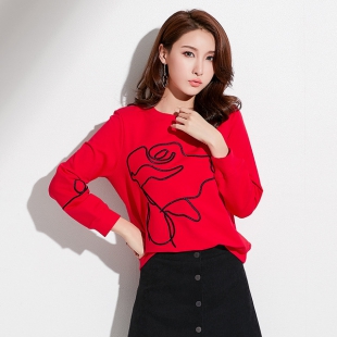 秋季新款韩版女装休闲面上衣女圆领刺绣花朵宽松长袖卫衣女