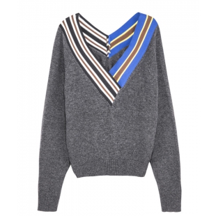 周冬雨同款浅蓝色中长款衬衫+深V拼接灰色针织衫上衣套装女