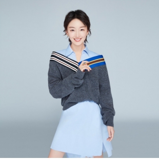 周冬雨同款浅蓝色中长款衬衫+深V拼接灰色针织衫上衣套装女