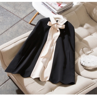 霓潮新款秋冬女装精品斗篷0花边飘带撞色显瘦气质外套披肩