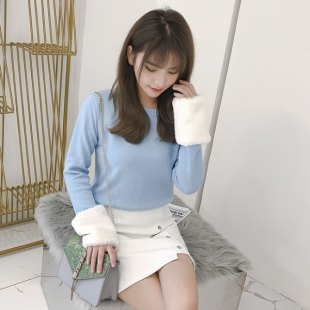 一千零一夜迪丽热巴凌凌七明星同款蓝色拼接兔毛袖口韩版针织毛衣 2件