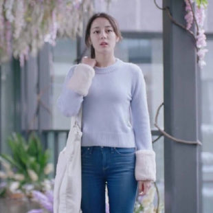 一千零一夜迪丽热巴凌凌七明星同款蓝色拼接兔毛袖口韩版针织毛衣 2件