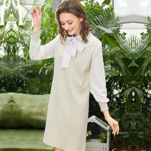 早春新品假两件针织裙雪纺拼接中长款连衣裙C8560